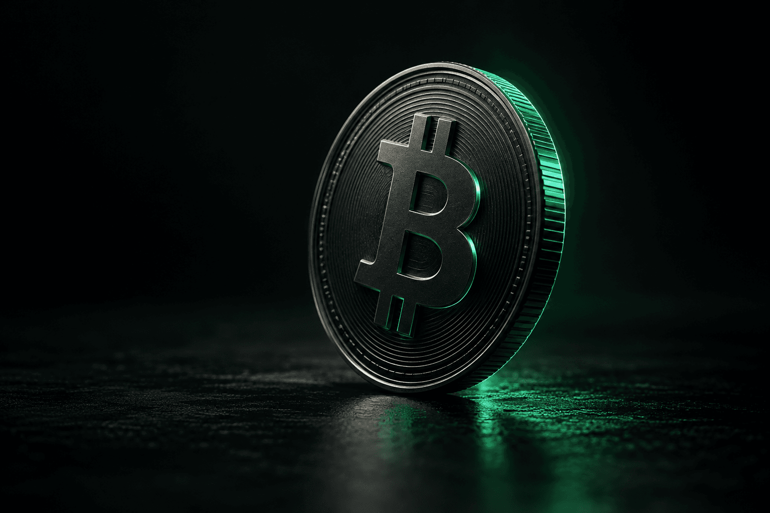 Sculpted Bitcoin coin with emerald lighting